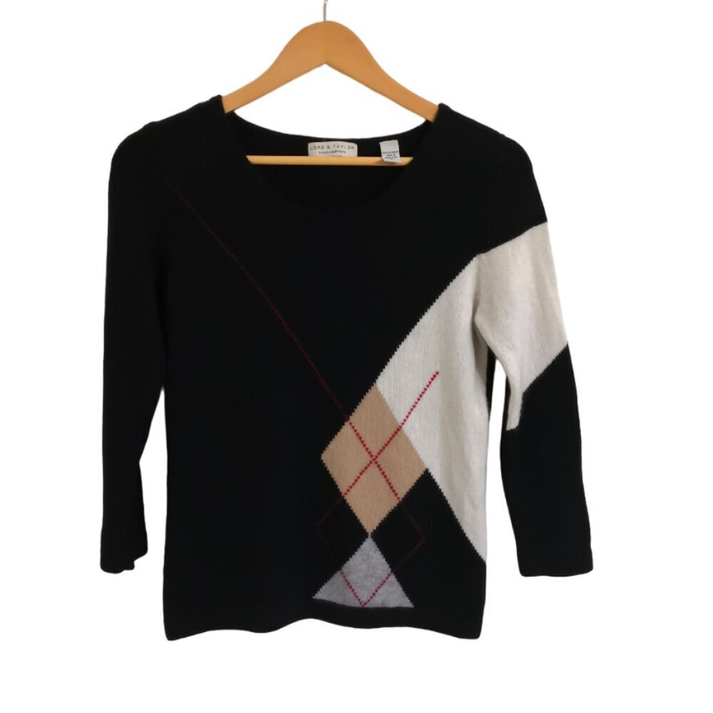 L+T 100% Cashmere Crew Neck Pullover Sweater Black & Cream Argyle Pattern Size S